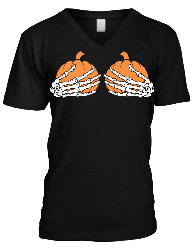 Pumpkin Tits Skeleton Hands Grabbing Boobs Halloween Mens V Neck T